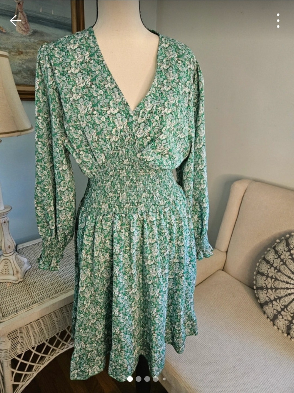 Green Floral Midi Dress with Smocked Waist